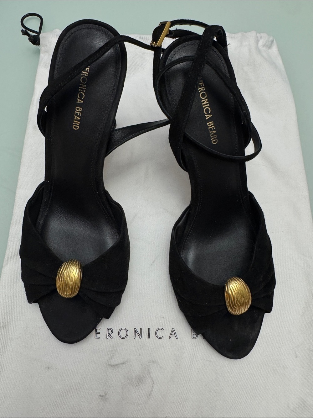 Veronica Beard Black Suede Open-Toe Ankle-Tie Heels with Gold Accent
